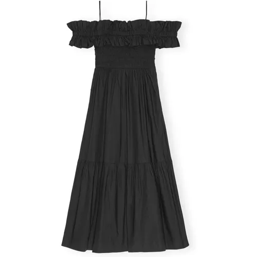 Schwarzes Smocked Kleid mit Offenen Schultern , Damen, Größe: XS - Ganni - Modalova