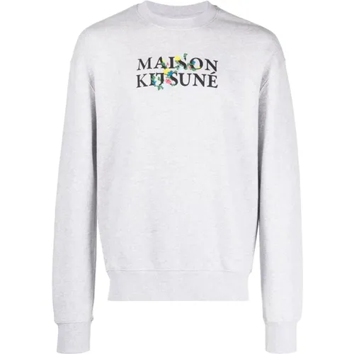 Grey Sweater with Flowers Print , male, Sizes: M, XL - Maison Kitsuné - Modalova