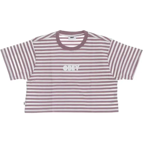 Striped Cropped Tee Lilac Chalk , female, Sizes: S, M, XS - Obey - Modalova