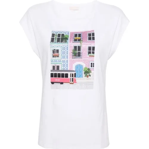 Jersey T-shirt with Rhinestone Lisbon Print , female, Sizes: S, L, M, XL - Liu Jo - Modalova