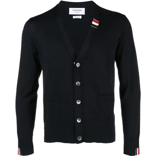 Cardigans, male, , Size: M V-Neck Cardigan with RWB Stripe - Thom Browne - Modalova