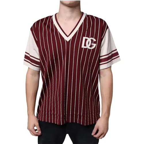 T-Shirts, male, , Size: L Maroon Stripes Cotton V-neck T-shirt - Dolce & Gabbana - Modalova