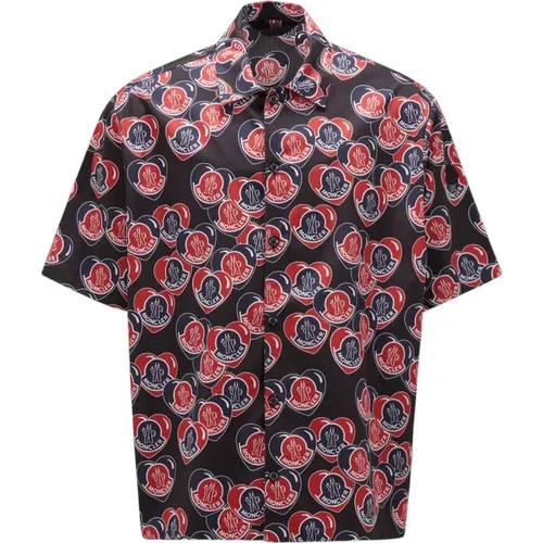 Short Sleeve Shirts, male, , Size: M Heart Print Blue Red Shirt - Moncler - Modalova