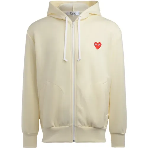 Zip-throughs, male, , Size: L Ivory Hooded Zip-Up Sweatshirt with Red Heart - Comme des Garçons Play - Modalova