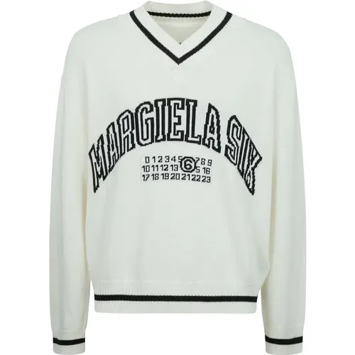 V-neck Knitwear, male, , Size: XL Oversized Sweater with Pointed Neckline - MM6 Maison Margiela - Modalova