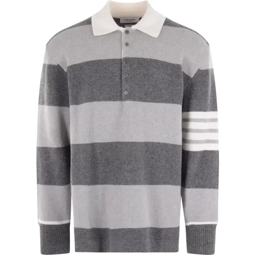 Striped Wool Sweater with Polo Collar and Button Closure , male, Sizes: XL, 2XL, M, L - Thom Browne - Modalova