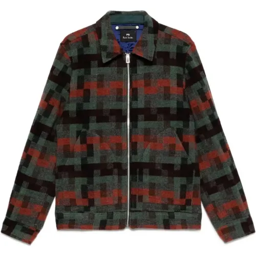 Light Jackets, male, , Size: S Jacquard Check Wool Zip Jacket - Paul Smith - Modalova