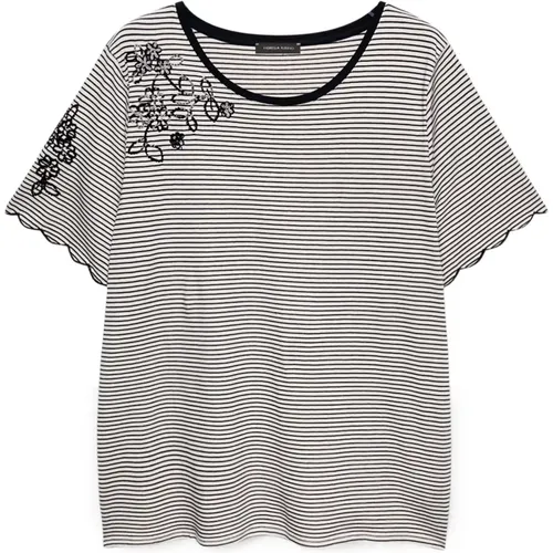 Gestreiftes T-Shirt mit Blumenstickerei , Damen, Größe: XL - Fiorella Rubino - Modalova