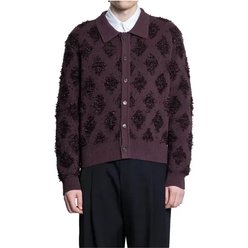 Cardigans, male, , Size: S Burgundy Fringed Jacquard Knit Cardigan - Recto - Modalova