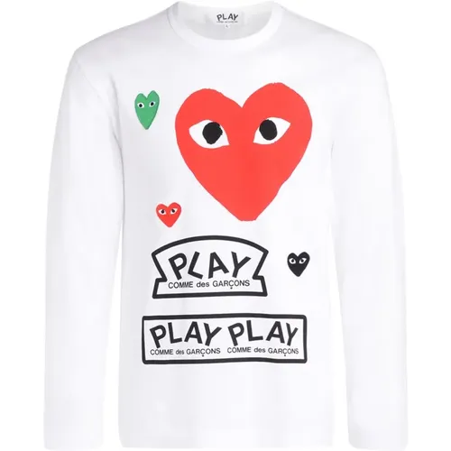 Langarm-Weißes T-Shirt mit rotem Herz und mehrfarbigen Logos , Herren, Größe: M - Comme des Garçons Play - Modalova
