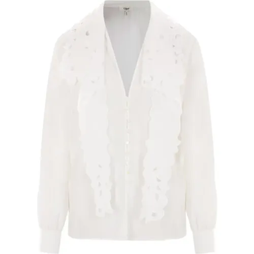 Cardigans, female, , Size: XS Embroidered Lavallière Shirt in Cotton - Chloé - Modalova