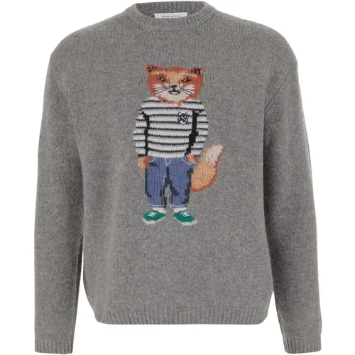 Grauer Pullover für Stylischen Look , Herren, Größe: L - Maison Kitsuné - Modalova