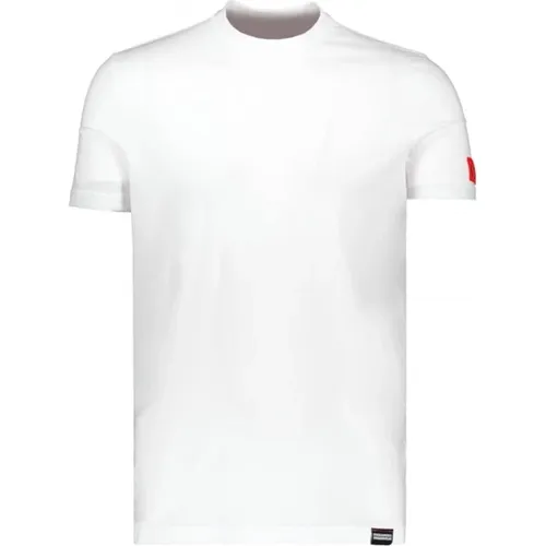 Rundhalsausschnitt Stretch-Baumwoll-T-Shirt, schmale Passform. Rotes Patch mit Schriftzug Icon auf dem Ärmel. , Herren, Größe: M - Dsquared2 - Modalova