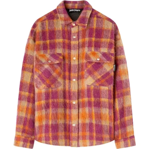 Casual Shirts, male, , Size: S Brushed Wool Check Overshirt Orange/Multicolour - Palm Angels - Modalova