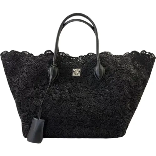 Schwarze Spitzen-Einkaufstasche mit Ledergriffen - Ermanno Scervino - Modalova