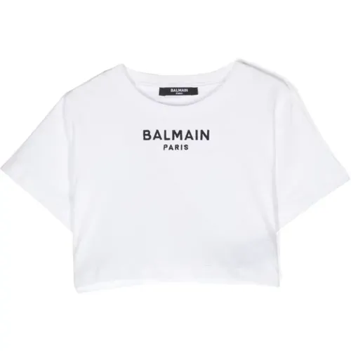 Logo Weißes T-Shirt mit geripptem Saum - Balmain - Modalova