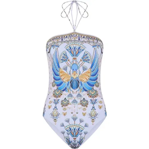 One-piece, female, , Size: L White one-piece swimsuit with crystal embellishments - Camilla - Modalova