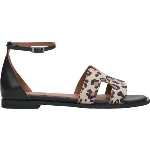 Damen Schwarze Ledersandalen mit Leopardenmuster - Estro - Modalova