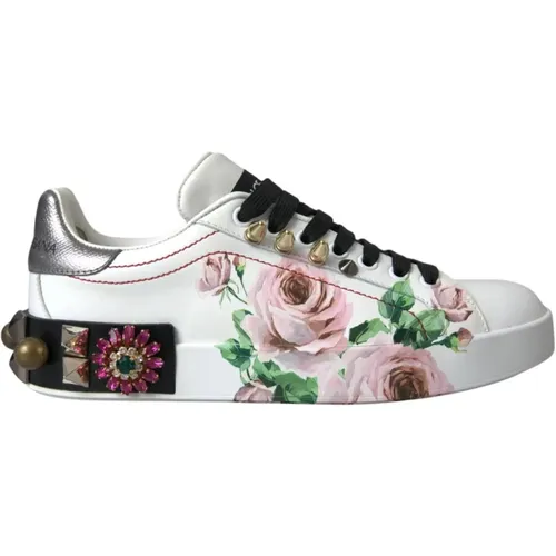 Sneakers, female, , Size: 6 US Crystal Embellished Floral Leather Sneakers - Dolce & Gabbana - Modalova