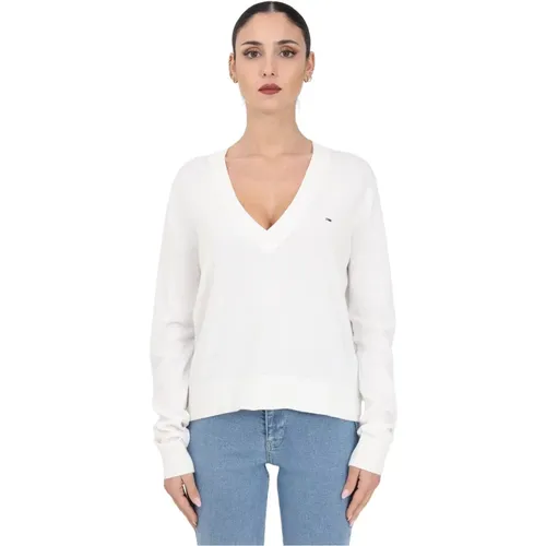 Damen Baumwoll V-Ausschnitt Pullover , Damen, Größe: L - Tommy Jeans - Modalova