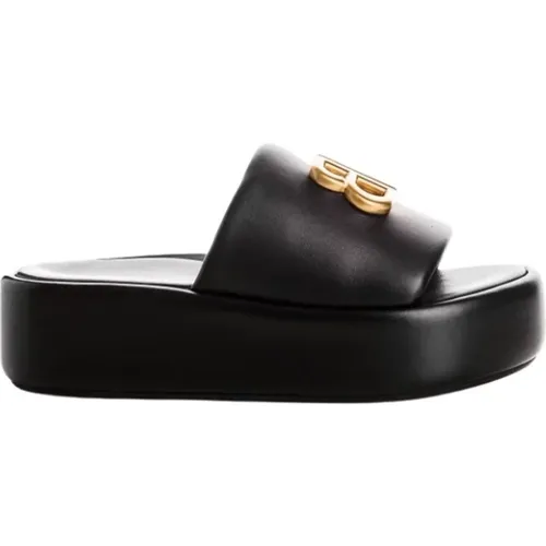 Sliders, female, , Size: 7 US Glossy Leather Mules with Gold BB - Balenciaga - Modalova