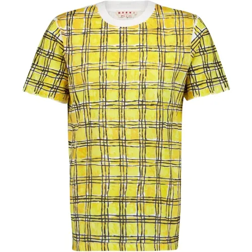 Cotton T-Shirt With Irregular Checked Print , male, Sizes: L, XL - Marni - Modalova