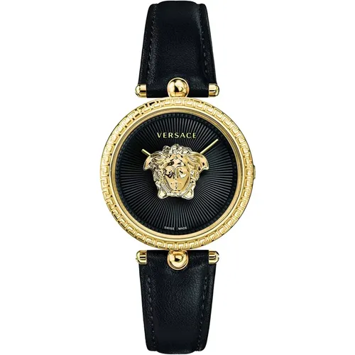 Watches, female, , Size: ONE SIZE Palazzo Black Leather Strap Watch - Versace - Modalova