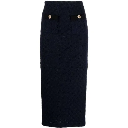 Navy Waffle Knit Midi Skirt with Gold Buttons , female, Sizes: L, S, M - Self Portrait - Modalova