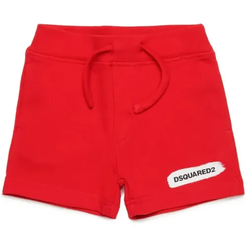 Rote Bermuda Shorts aus Baumwolle mit Woll-Effekt-Muster und Logo-Druck,Fleece-Shorts mit grafischem Muster und Kordelzug - Dsquared2 - Modalova