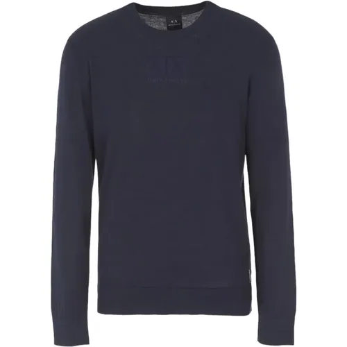 Blaue Pullover mit Rippbündchen und Logo , Herren, Größe: L - Armani Exchange - Modalova