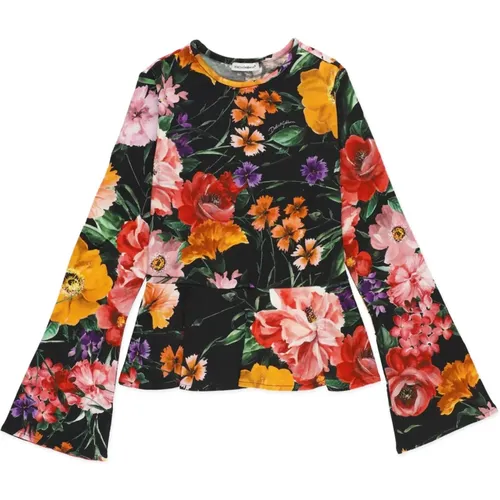 Schwarzes Blumen T-Shirt mit Volant - Dolce & Gabbana - Modalova