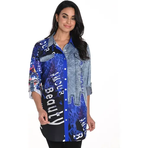 Shirts, female, , Size: 2XL Blue Shirt with ¾ Sleeves and Smart Print - Frank Lyman - Modalova