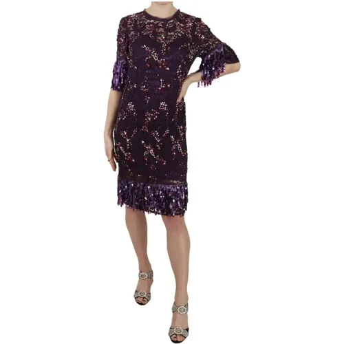 Floral Lace Crystal Sheath Dress , female, Sizes: S - Dolce & Gabbana - Modalova