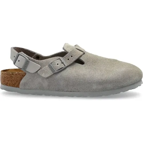 Clogs, female, , Size: 9 US Grey Suede Sandals with Cork Footbed - Birkenstock - Modalova