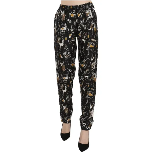 Tapered Trousers, female, , Size: 3XS Jazz Club Print High Waist Pants - Dolce & Gabbana - Modalova