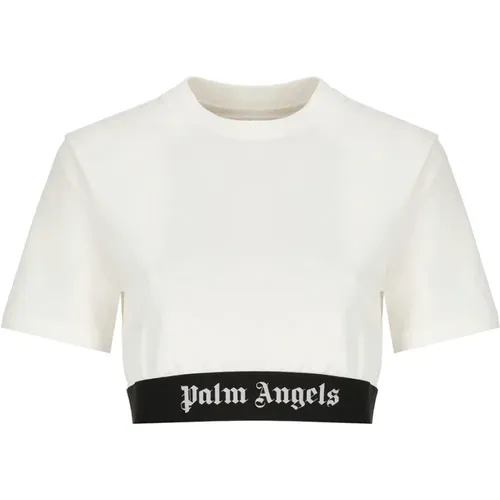 Weißes Baumwoll-T-Shirt mit Logo-Elastik , Damen, Größe: M - Palm Angels - Modalova