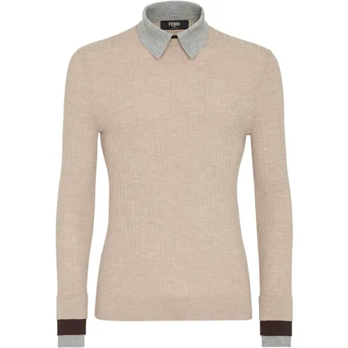 Contrast Collar Wool Jumper Grey Black , male, Sizes: M - Fendi - Modalova