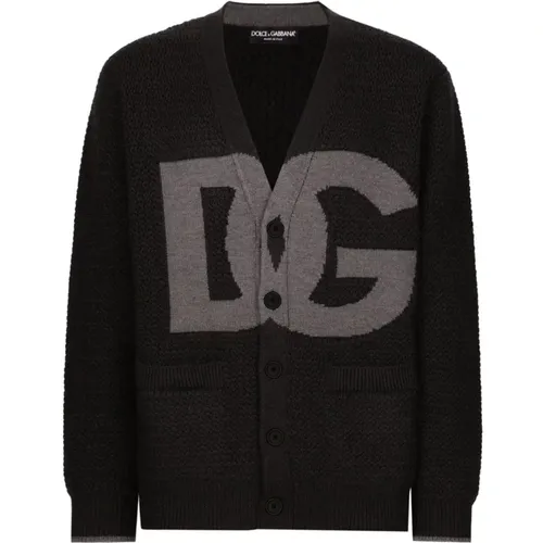 Cardigans, male, , Size: S Logo Intarsia-Knit Sweater V-Neck - Dolce & Gabbana - Modalova