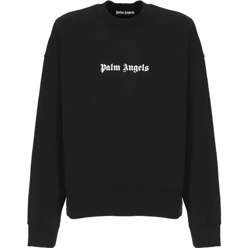 Schwarzer Baumwollpullover mit Aufdruck,Schwarzer Baumwoll-Jersey-Pullover mit Logo-Print - Palm Angels - Modalova