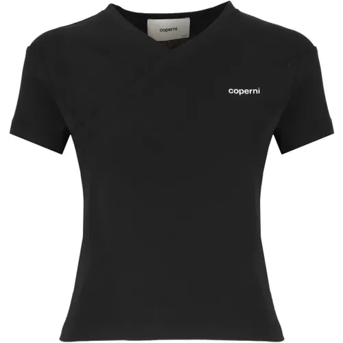 Schwarzes V-Ausschnitt T-Shirt mit Logo , Damen, Größe: S - Coperni - Modalova