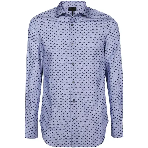 Regular Fit Blaues Hemd mit All Over Micro Adler Stickerei , Herren, Größe: S - Emporio Armani - Modalova