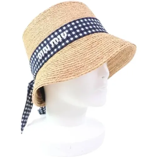 Pre-owned Accessories, female, , Size: ONE SIZE Pre-owned 5Hc307 Gingham check Raffia Hat - Miu Miu Pre-owned - Modalova