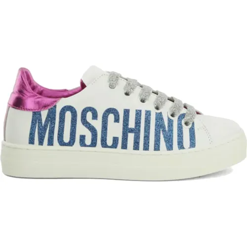 Leather Sneaker with Glitter Logo , female, Sizes: 4 UK, 6 UK, 2 UK - Moschino - Modalova