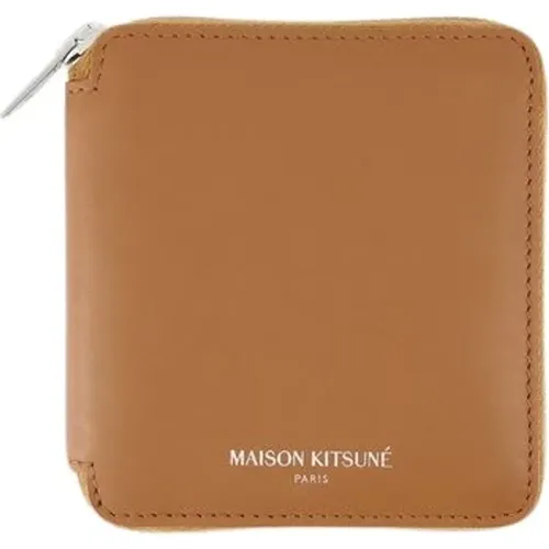 Braune Leder-Geldbörse mit Reißverschluss und Mehreren Fächern , unisex, Größe: ONE Size - Maison Kitsuné - Modalova