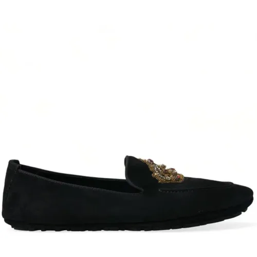Schwarze Leder Loafers mit Kristallkrone , Herren, Größe: 42 EU - Dolce & Gabbana - Modalova