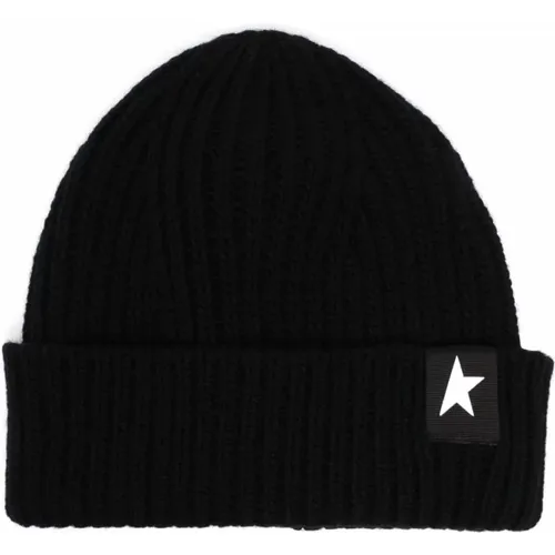 Stern Patch Schwarze Rippstrick Beanie Mütze , Damen, Größe: L - Golden Goose - Modalova