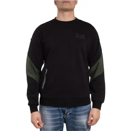 Herren Sweatshirt aus gebürsteter Baumwolle mit seitlicher Reißverschlusstasche , Herren, Größe: L - Emporio Armani EA7 - Modalova