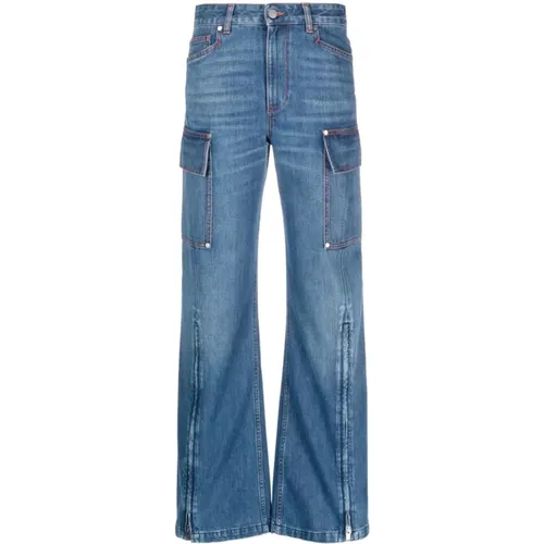 Blaue Denim Jeans mit Appliqué Logo und Weitem Bein,Blaue Jeans mit erweiterbaren Bündchen,70er Jahre Dunkelblaue Reißverschluss Cargo Jeans - Stella Mccartney - Modalova