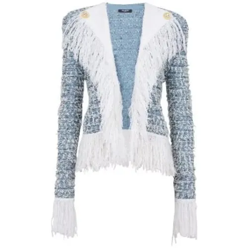 Blau-Weiße Fransige Jacke Balmain - Balmain - Modalova