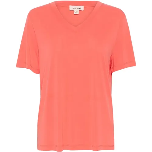 Korallfarbenes Loose-Fit V-Ausschnitt Top , Damen, Größe: XL - Soaked in Luxury - Modalova